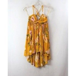 Free People Yellow Floral Hi Lo Hem Removable Spaghetti Strap XS Tunic Top NEW